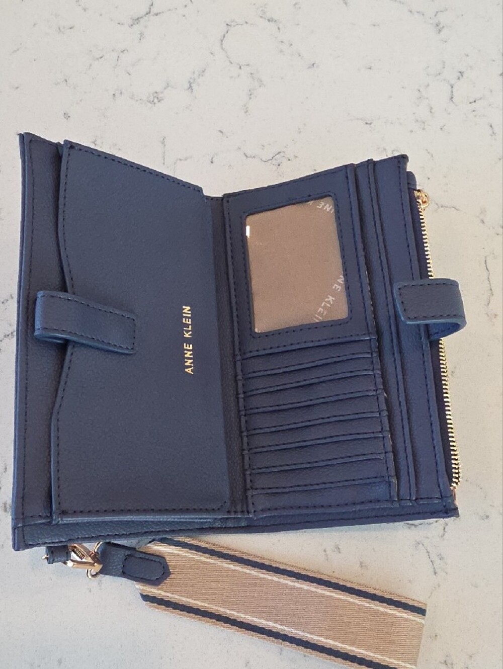 Anne Klein Blue Zip Wristlet with Striped Strap - Picture 4 of 7
